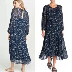 Free People Wallflower Midi Dress Blue White Floral Semi-Sheer‎ Long Sleeve S
